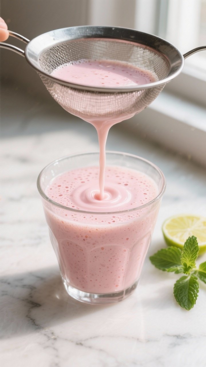 Close-up detail: A silky guava yogurt smoothie being strained through a fine-mesh sieve into a chill