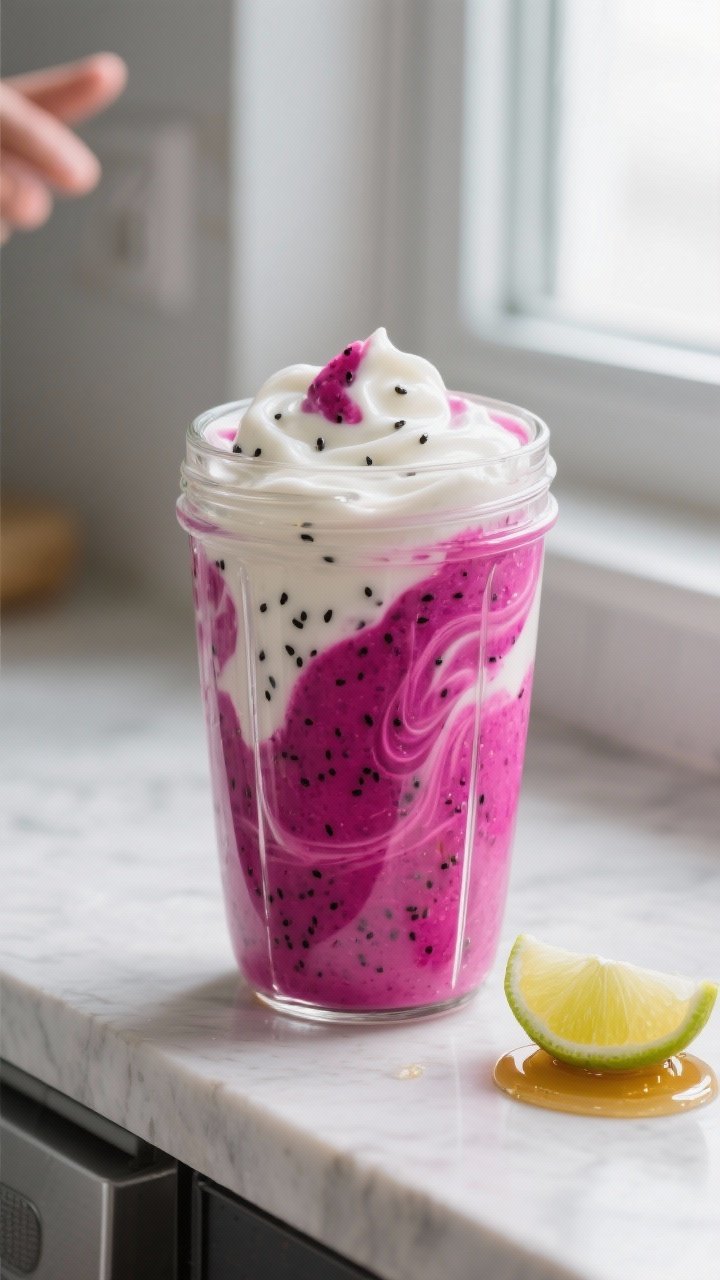 Close-up detail: A silky magenta dragon fruit yogurt smoothie mid-blend in a high-speed blender, cap