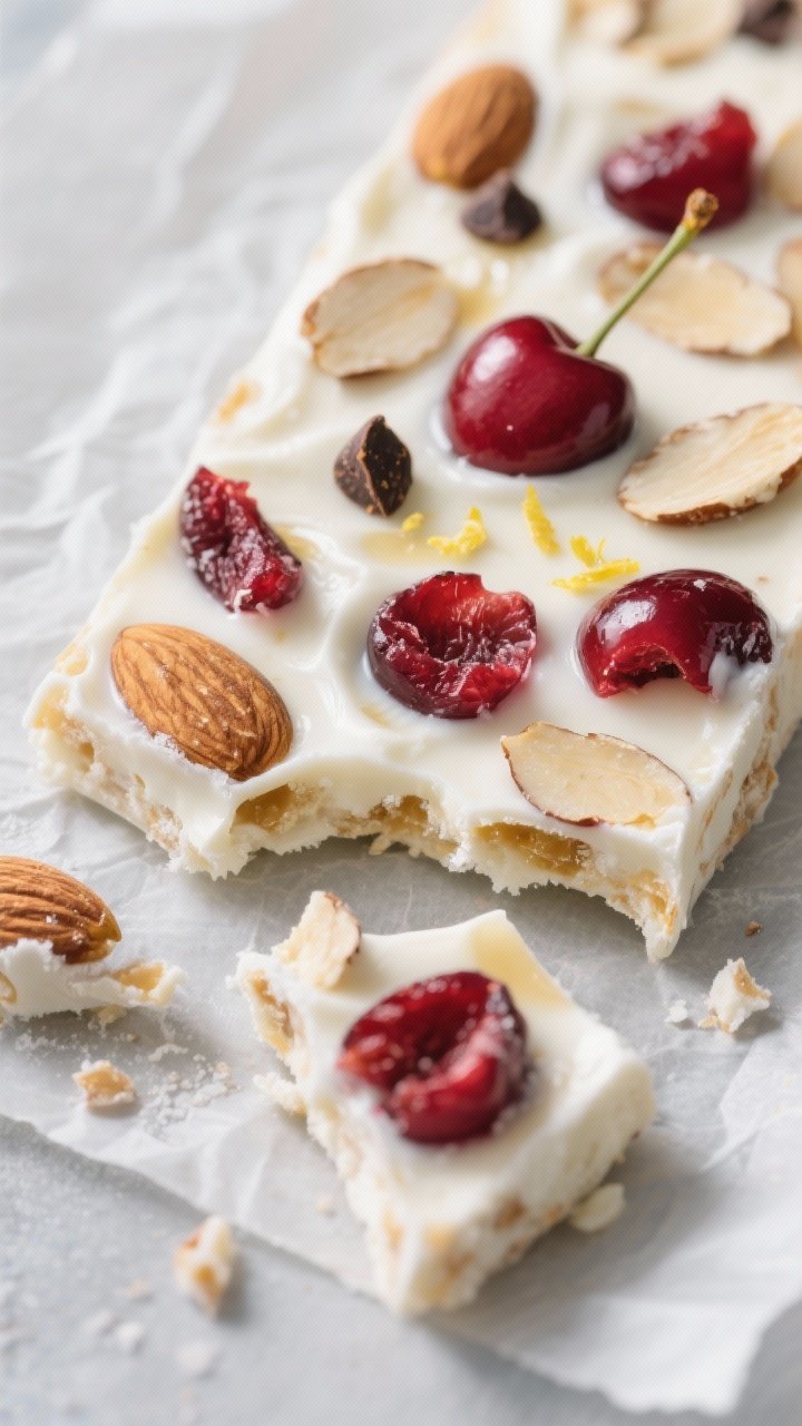 Close-up detail: A slab of cherry almond yogurt bark just out of the freezer, broken into jagged sha