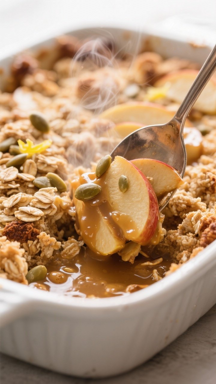 Close-up detail: A spoon breaking into a golden, bubbly Seed Butter Apple Crisp just out of the oven