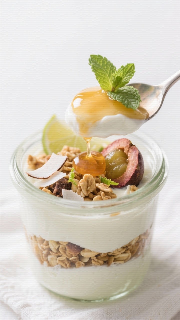 Close-up detail: A spoon lifting a glossy layer of lightly sweetened yogurt from a jarred mangosteen