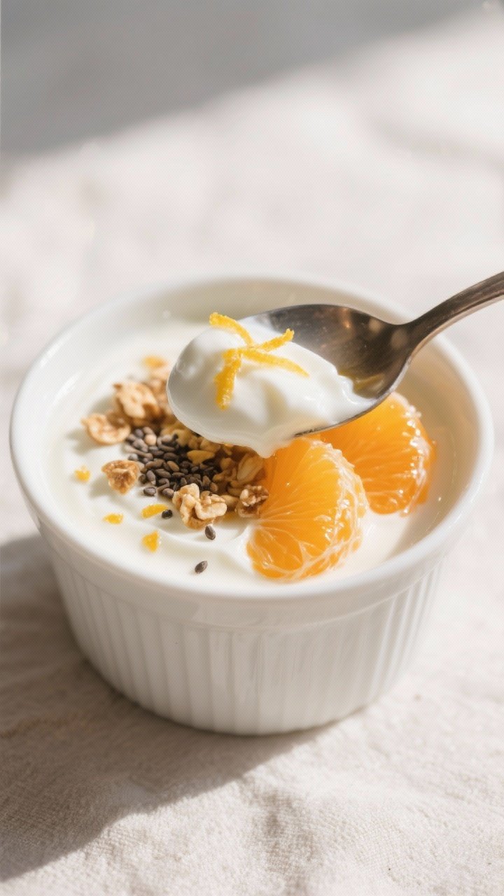 Close-up detail: A spoon scooping through a prepared tangelo yogurt cup, showing thick Greek yogurt