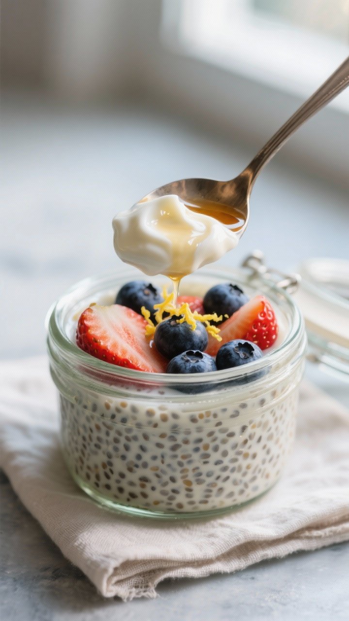 Close-up detail: A spoon scooping ultra-creamy vanilla chia pudding from a glass jar, showing glossy
