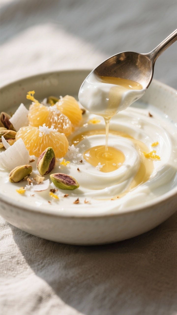 Close-up detail: A spoon swooping through thick, vanilla-kissed Greek yogurt swirled with a drizzle 