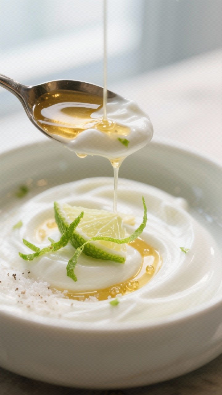 Close-up detail: A spoonful cascade of thick Greek yogurt being drizzled with kaffir-lime–infused