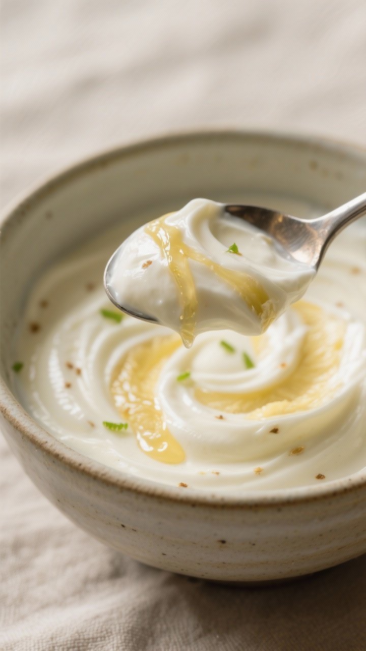 Close-up detail: A spoonful of creamy durian yogurt mid-fold in a ceramic bowl, showing velvety Gree