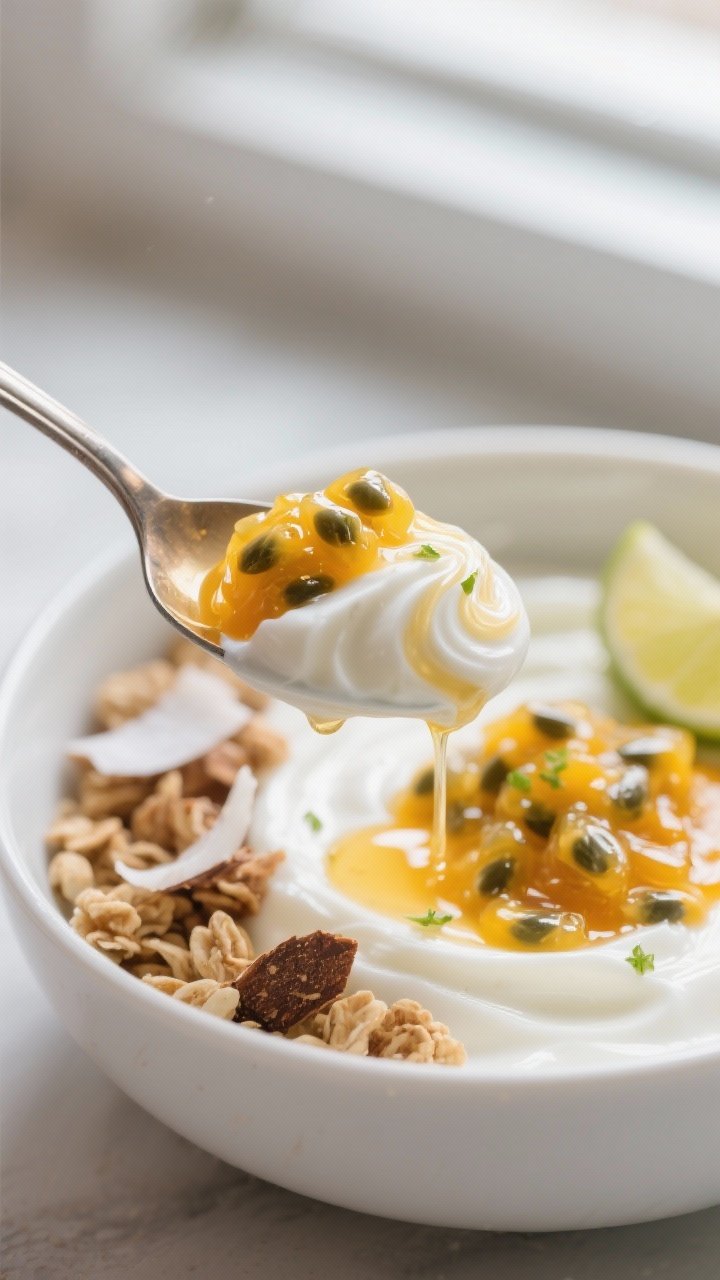 Close-up detail: A spoonful of creamy Greek yogurt swirled with glossy passion fruit pulp and seeds,