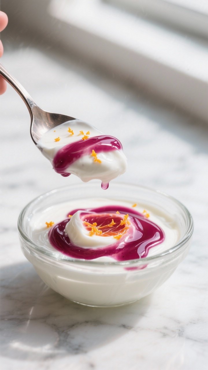 Close-up detail: A spoonful of thick Greek yogurt being gently swirled with glossy, cooled blood ora