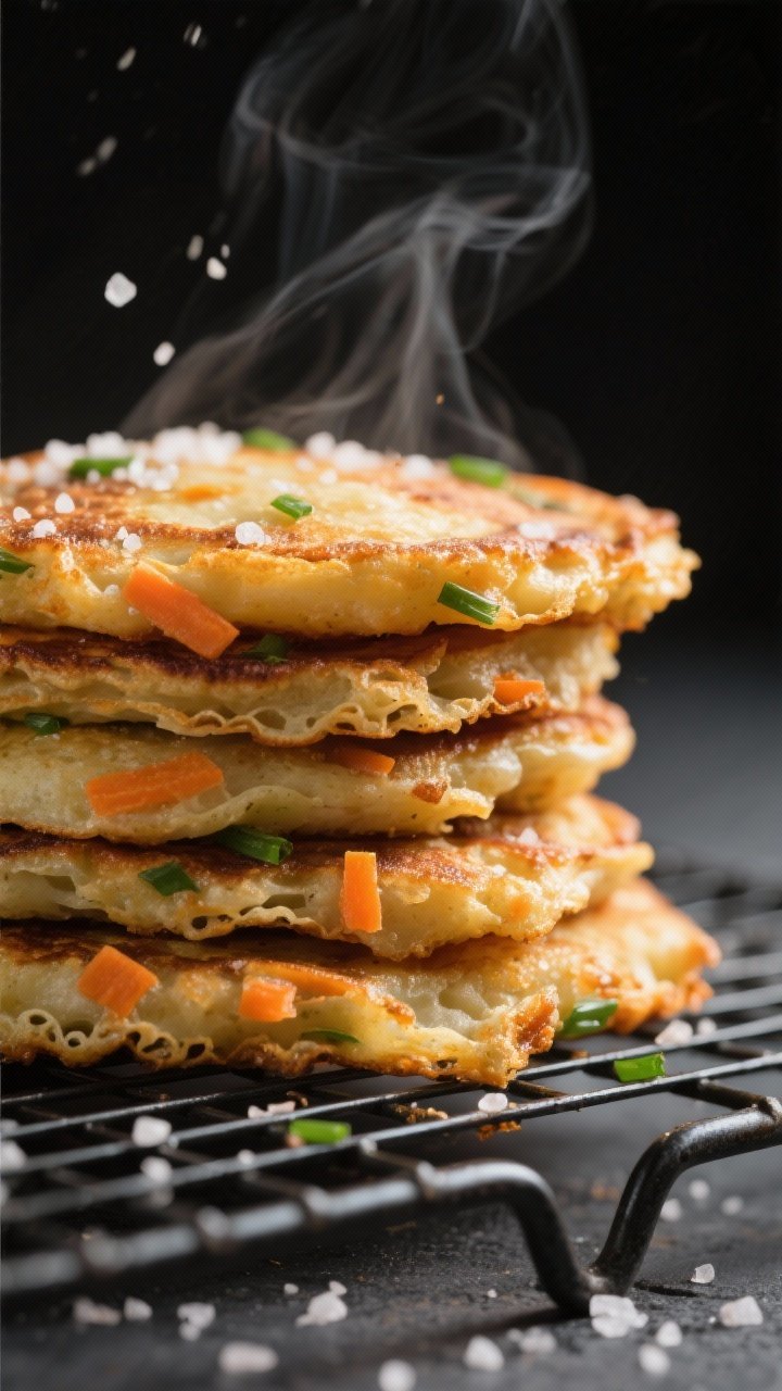Close-up detail: A stack of freshly fried carrot-potato pancakes on a wire rack, edges deeply golden