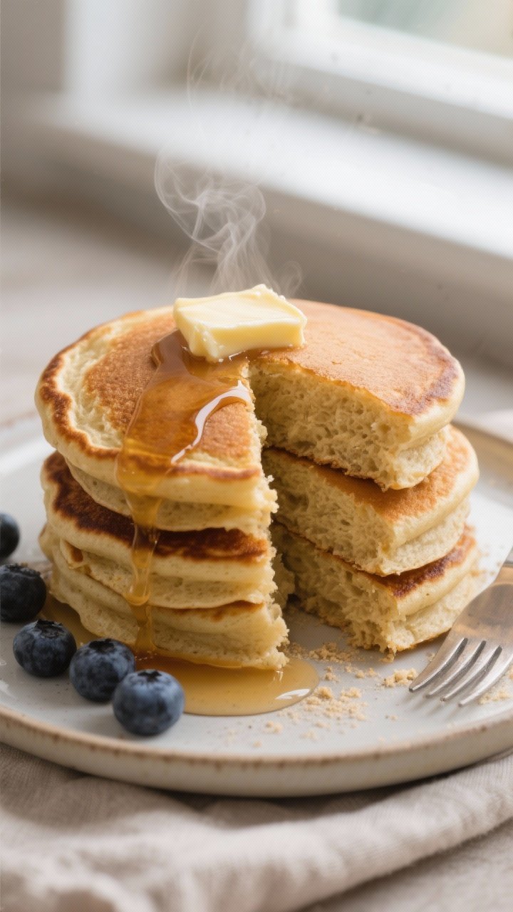 Close-up detail: A stack of golden-brown protein powder pancakes, fresh off the griddle, with airy i