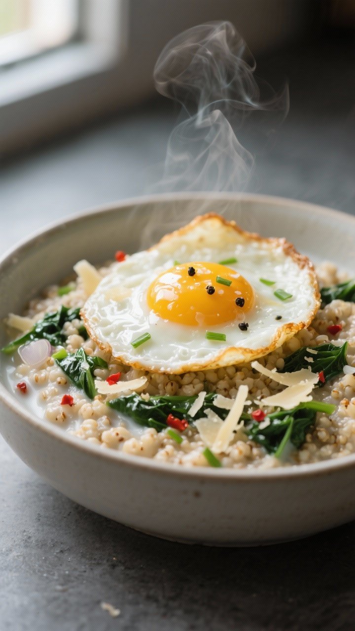 Close-up detail: A steaming bowl of savory quinoa porridge just off the stove, creamy and glossy fro