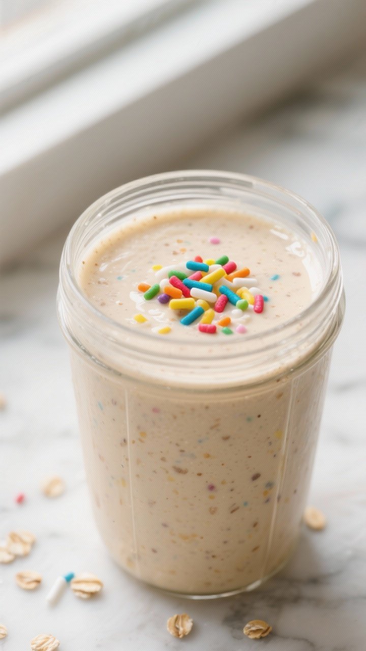 Close-up detail: A thick, creamy Funfetti Smoothie mid-prep in a clear blender jar, just after blend
