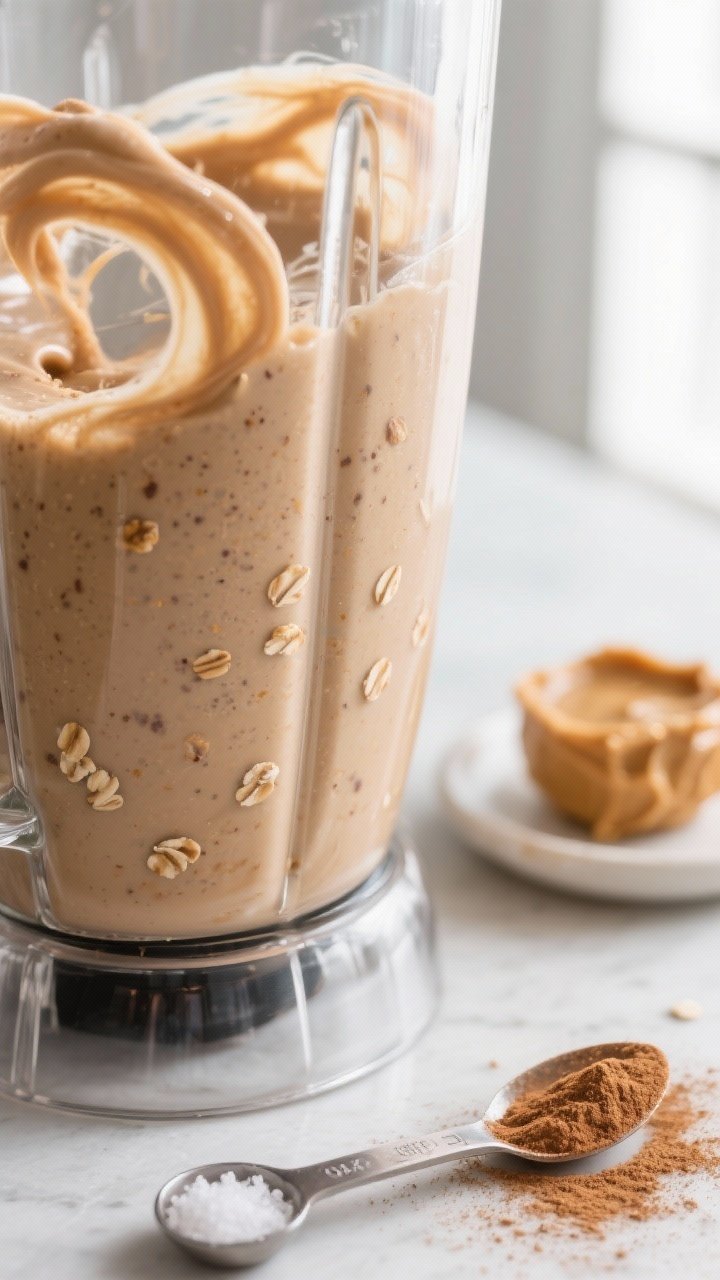 Close-up detail: A thick, creamy Oatmeal Cookie Smoothie mid-blend in a clear high-speed blender, si