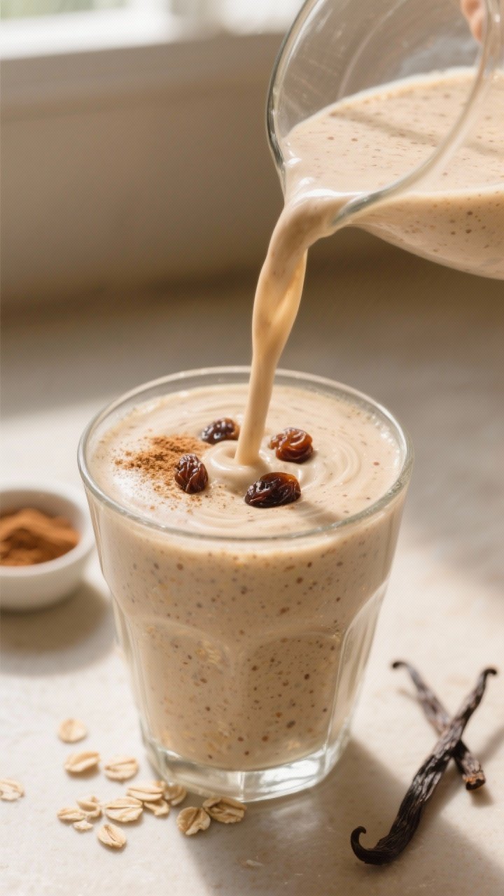 Close-up detail: A thick, creamy oatmeal raisin smoothie being poured into a chilled clear glass, th