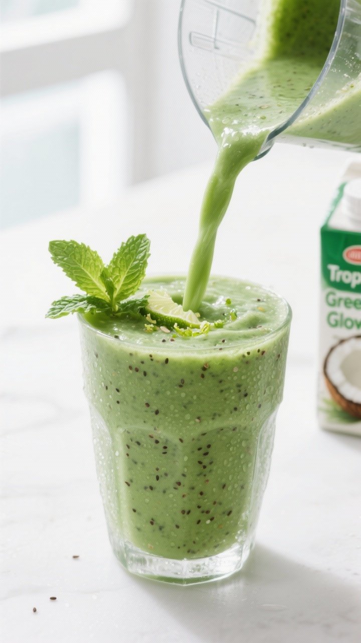 Close-up detail: A thick, emerald-green “Tropical Green Glow” smoothie being poured from a blend