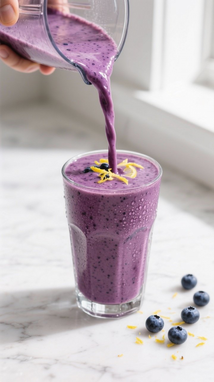 Close-up detail: A thick, freshly blended Lemon Blueberry Smoothie being poured in a silky ribbon fr