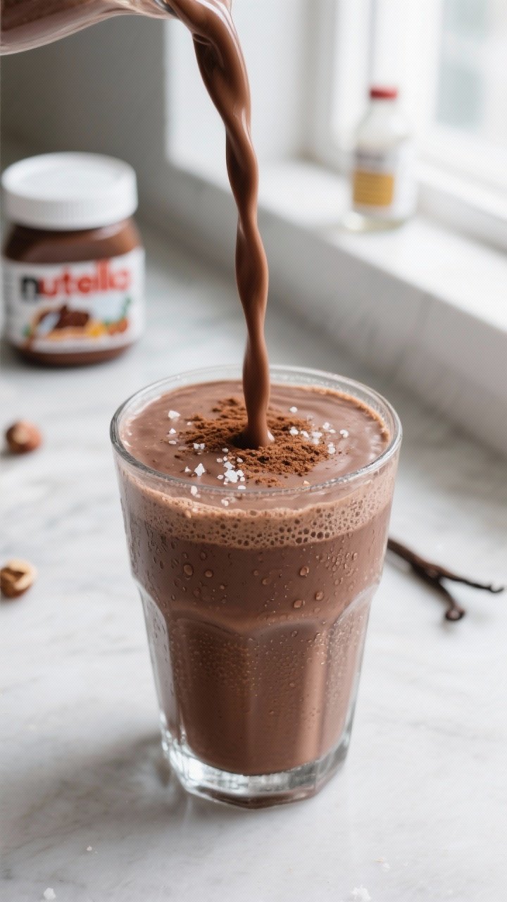 Close-up detail: A thick, freshly blended Nutella smoothie being poured in a silky ribbon into a chi