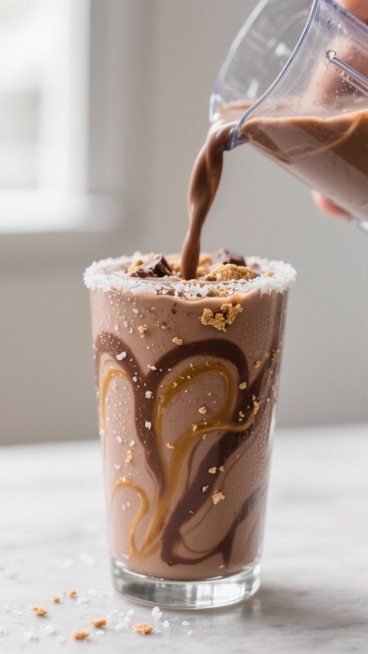Close-up detail: A thick, milkshake-like Twix Smoothie being poured into a chilled clear glass, show