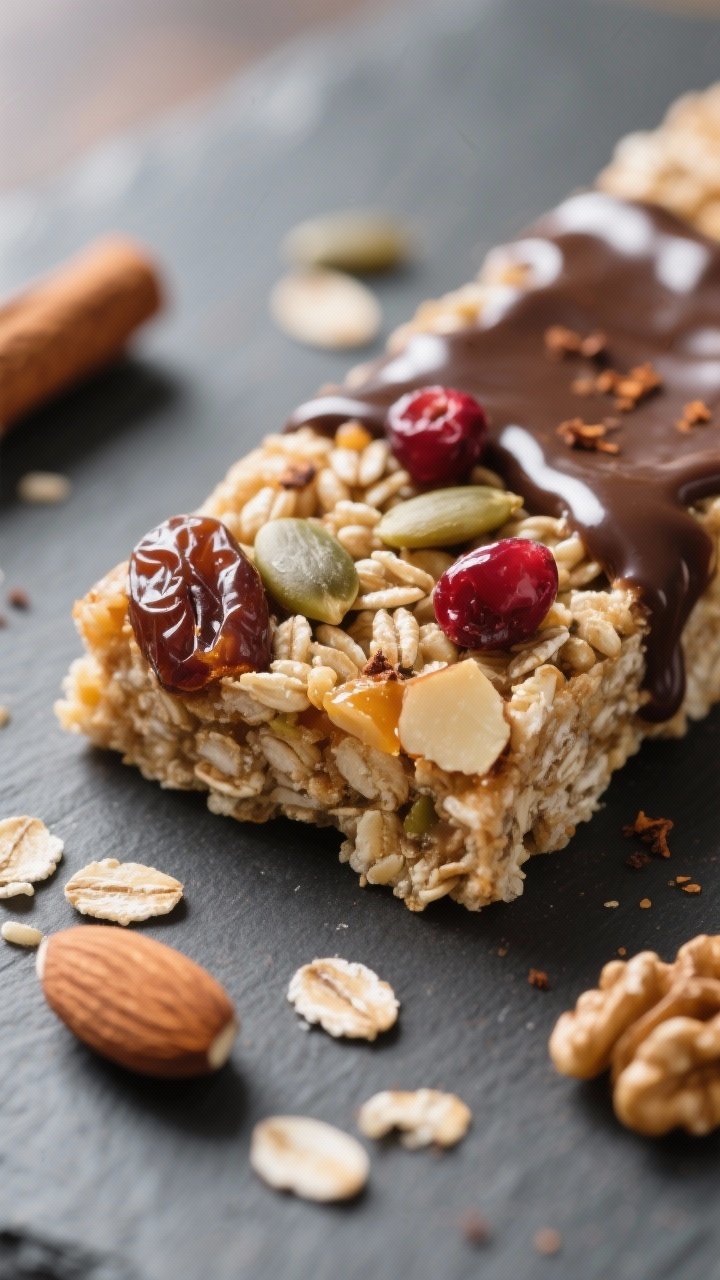 Close-up detail: A tight macro of a sliced Wheat Berry Energy Bar edge showing glossy dates and hone