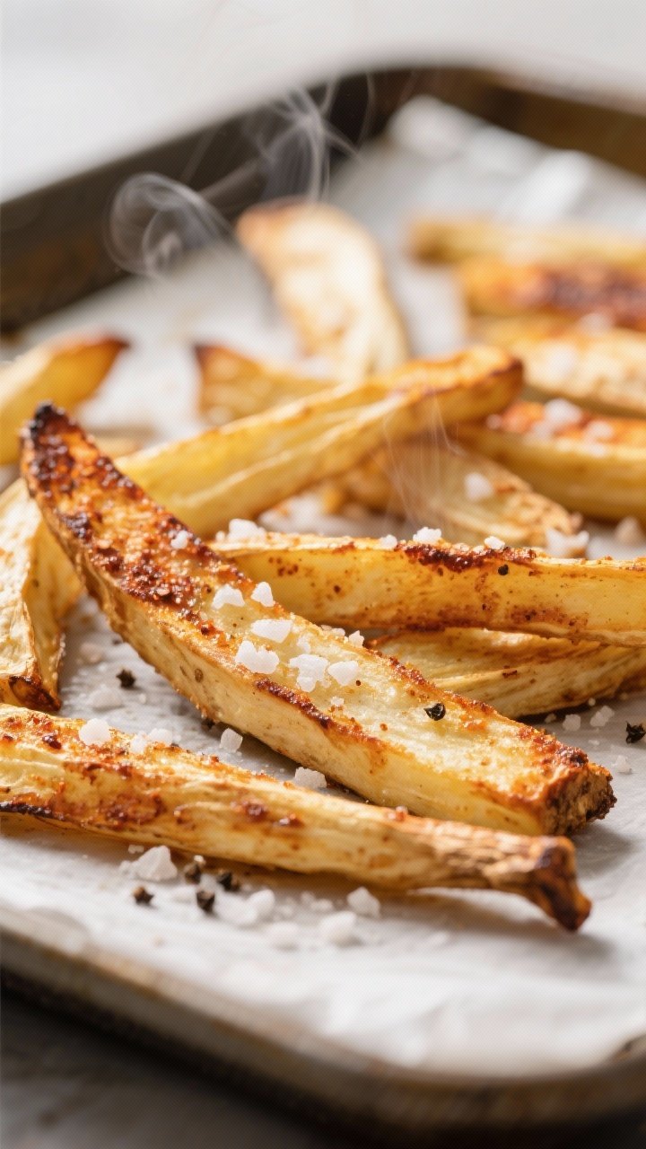 Close-up detail: A tight macro shot of roasted parsnip fries just out of the oven on parchment-lined