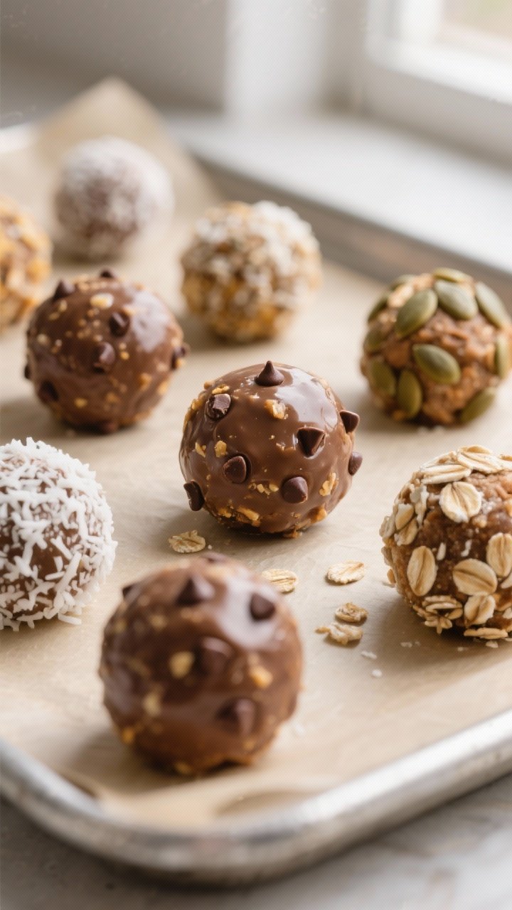Close-up detail: A tray of finished Seed Butter Energy Orbs just after rolling, showcasing a fudgy, 