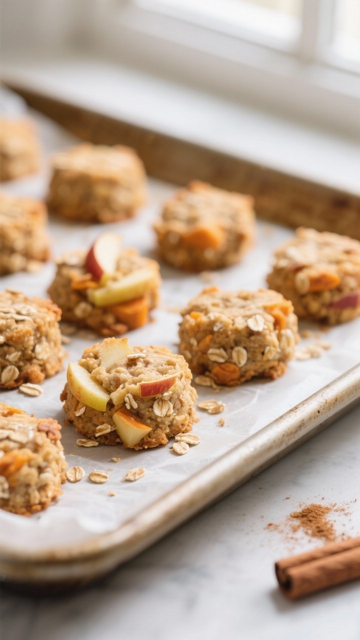 Close-up detail: A tray of freshly baked Sweet Potato & Apple Toddler Bites just out of the oven, ed