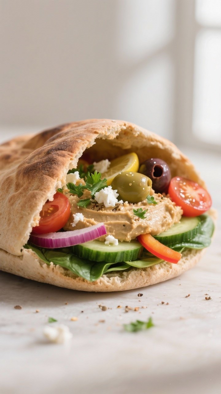 Close-up detail: A warm whole-wheat pita pocket freshly assembled and ready to eat, interior walls c