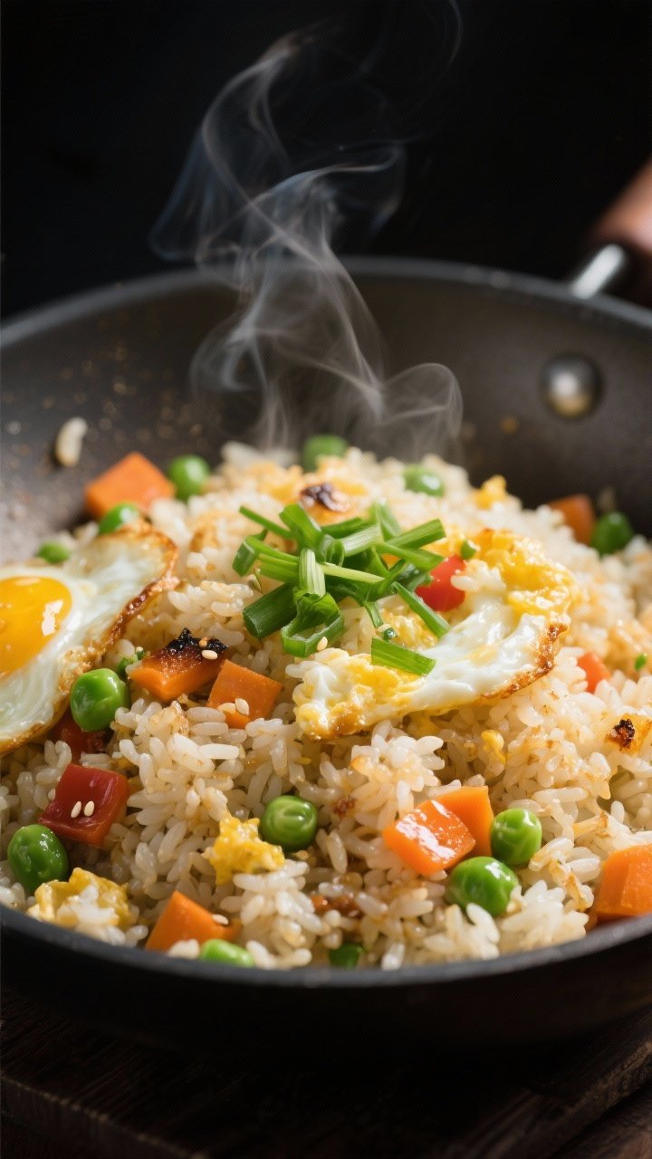 Close-up detail: A wok of egg & veggie fried rice just after the rice has crisped, showing distinct,