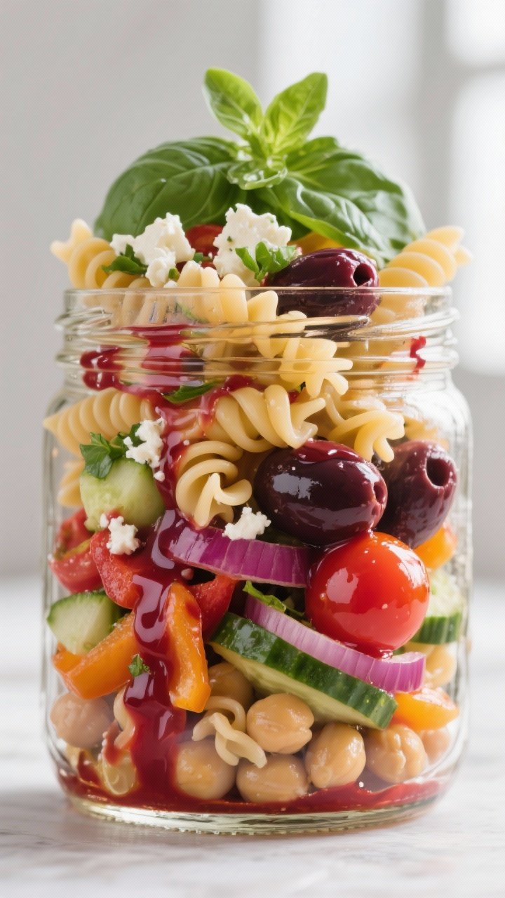 Close-up detail: Al dente rotini pasta tossed with a glossy red wine vinaigrette pooling lightly at 