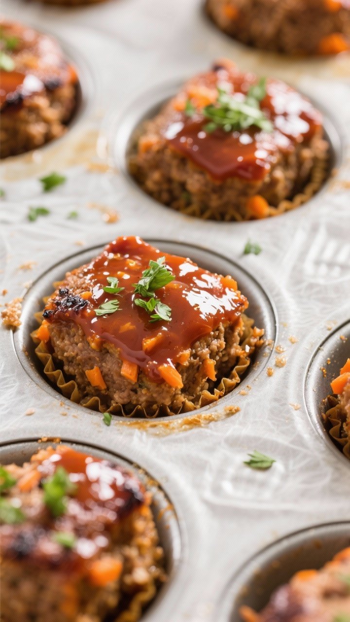 Close-up detail: Carrot-Ginger Meatloaf Minis just out of the oven in a muffin tin, glossy carameliz