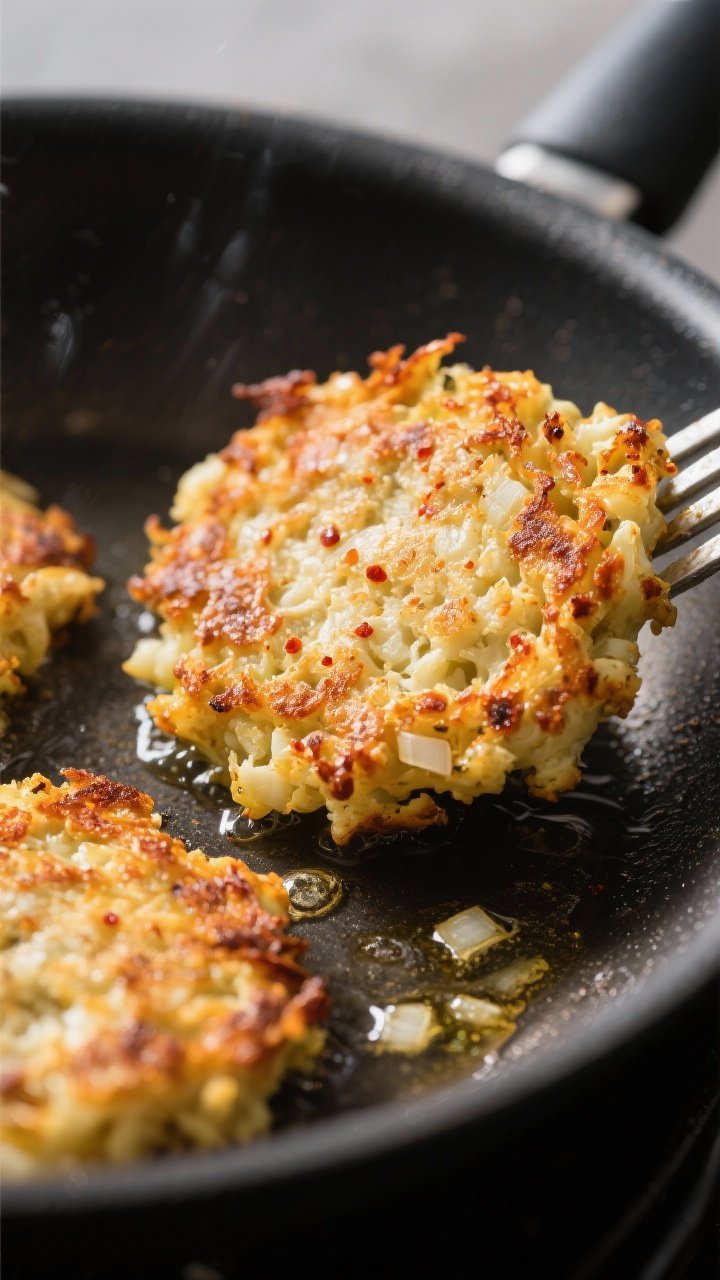 Close-up detail: Cauliflower hash brown patties sizzling in a nonstick skillet during pan-fry, golde