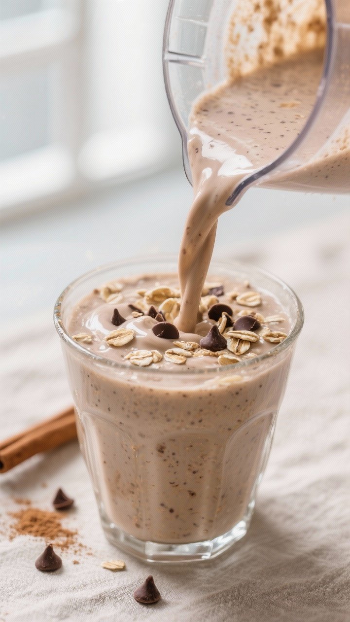 Close-up detail: Cookie Dough Smoothie mid-blend being poured from a glass blender into a chilled cl
