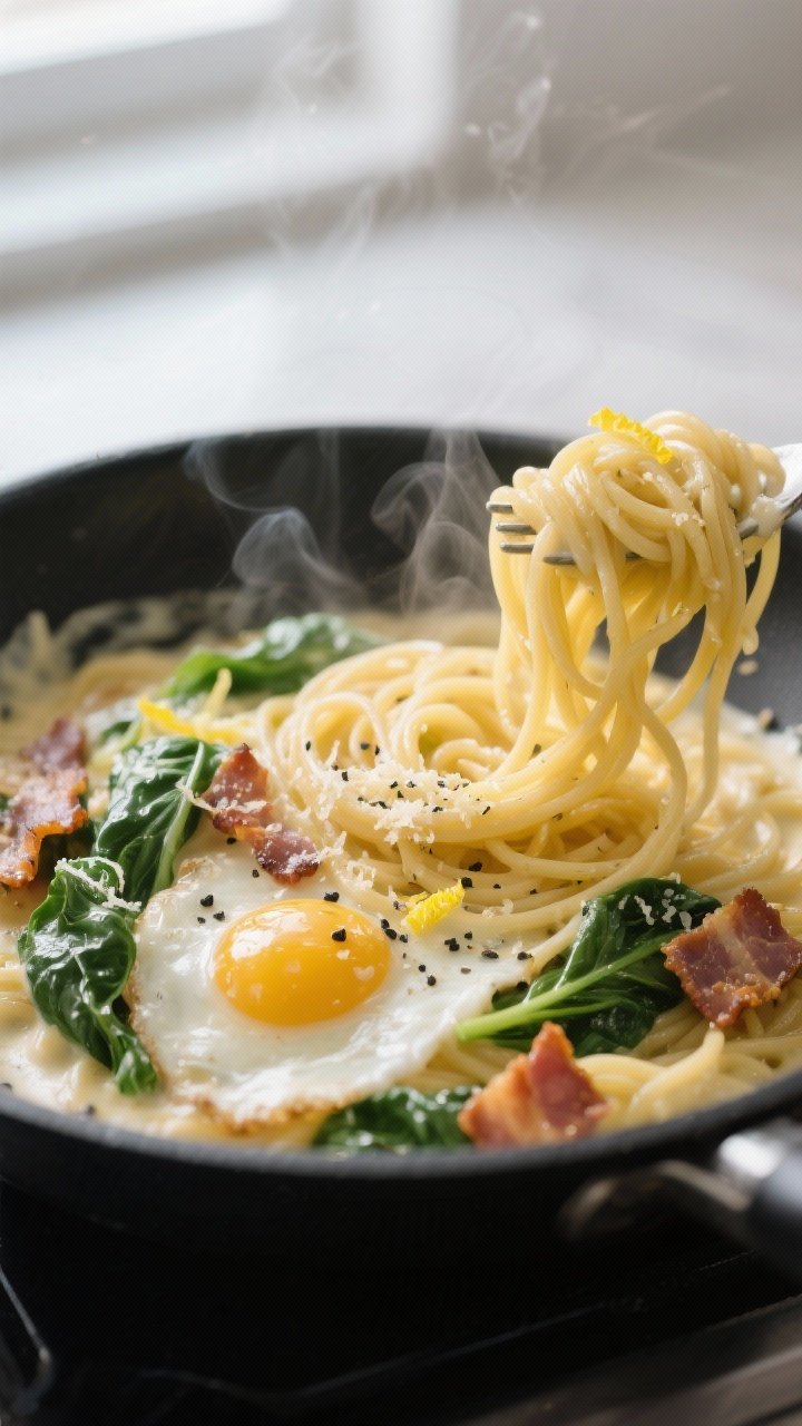 Close-up detail: Creamy breakfast pasta being tossed over low heat in a black skillet, glossy egg-an