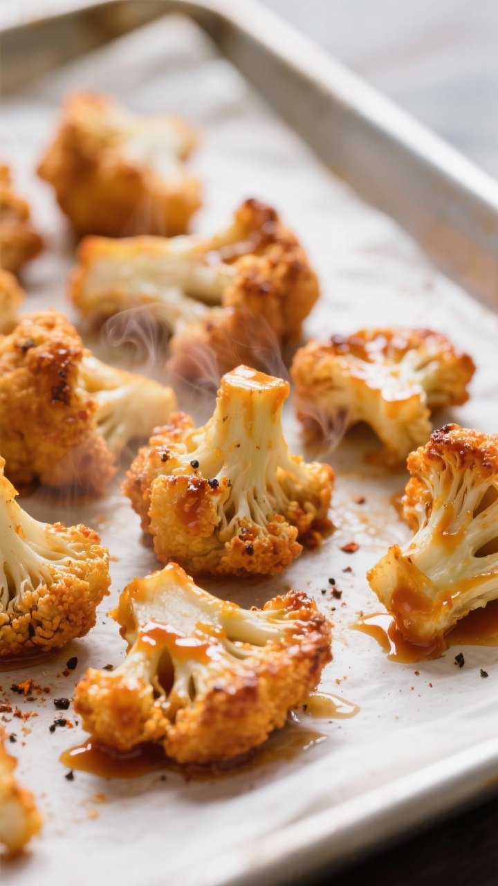 Close-up detail: Crispy baked cauliflower buffalo bites fresh out of the oven, golden edges with a g