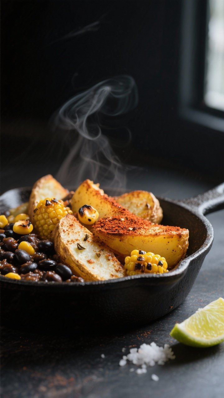 Close-up detail: Crispy skillet potatoes in a cast-iron pan, edges deeply golden and dusted with cum