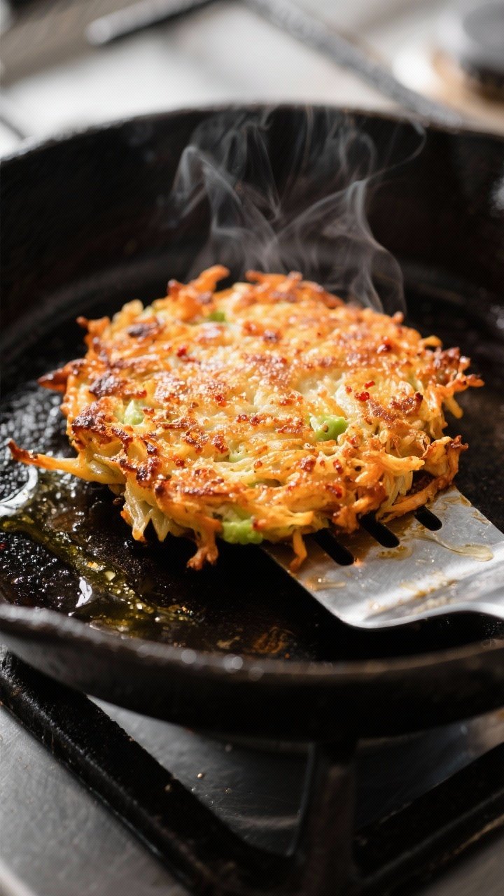 Close-up detail: Crispy sweet potato hash brown patty just flipped in a cast-iron skillet, deep gold