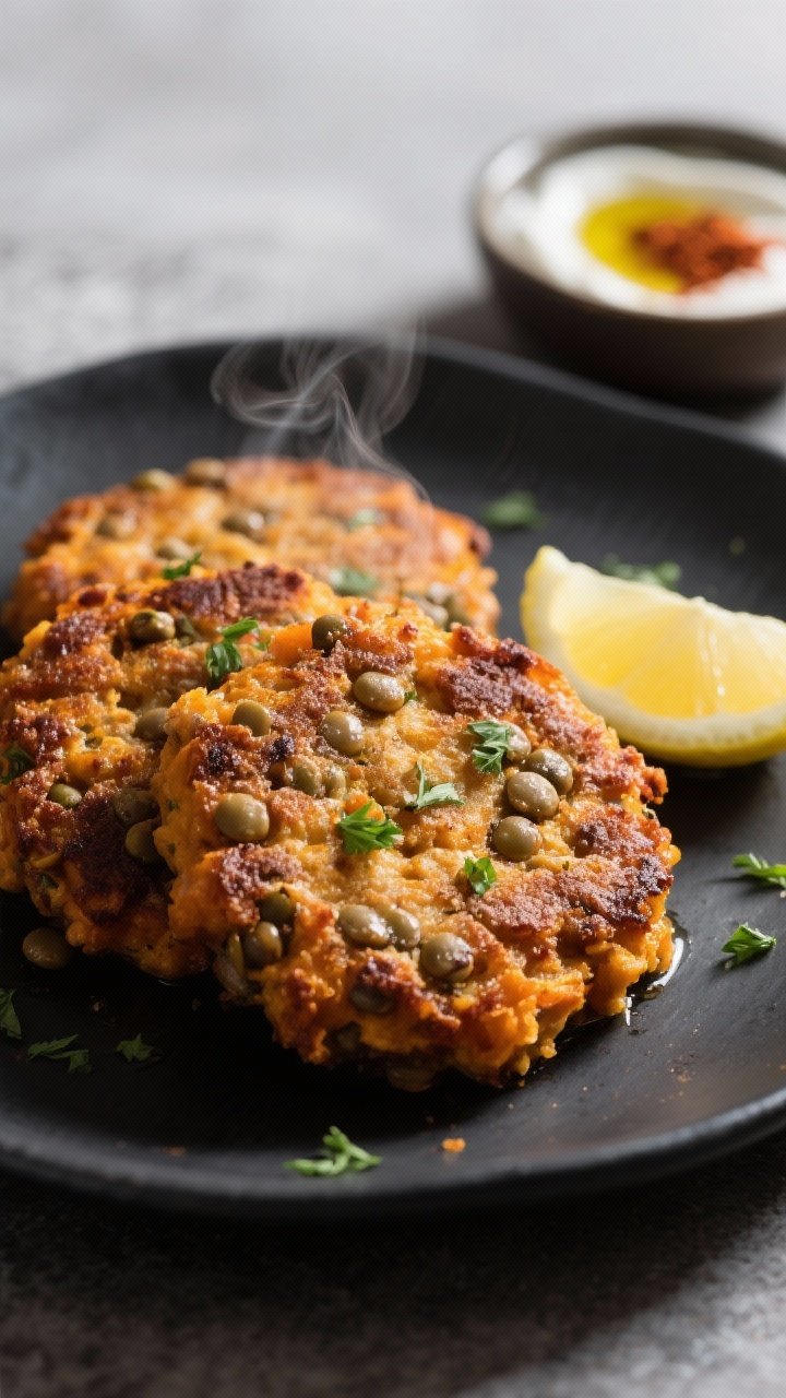Close-up detail: Crispy sweet potato & lentil patties just out of the skillet, golden-brown crust wi