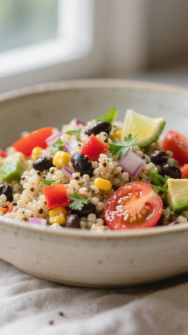 Close-up detail: Fluffy, just-cooled quinoa tossed with black beans, corn, and finely diced red bell