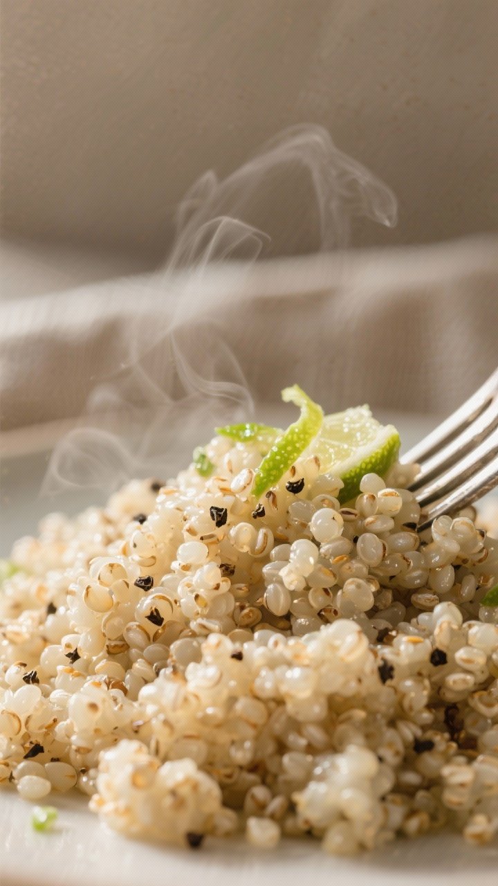 Close-up detail: Fluffy, steam-kissed quinoa just after resting and being fluffed with a fork, tiny 