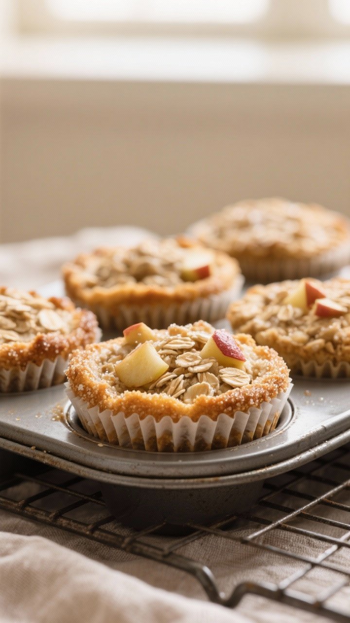 Close-up detail: Freshly baked apple-cinnamon oatmeal cups just out of the oven, golden edges with a
