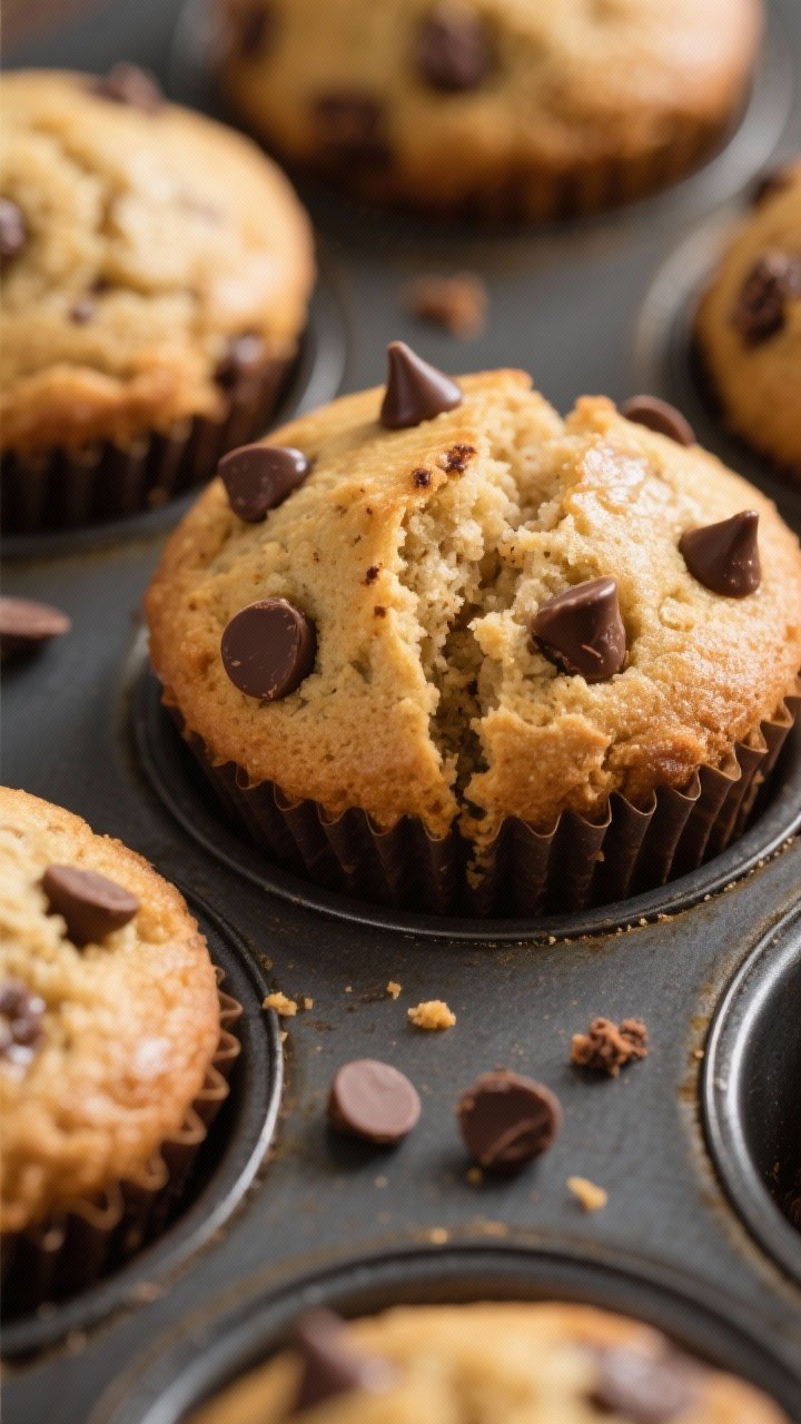 Close-up detail: Freshly baked banana chocolate chip protein muffins just out of the oven, golden do