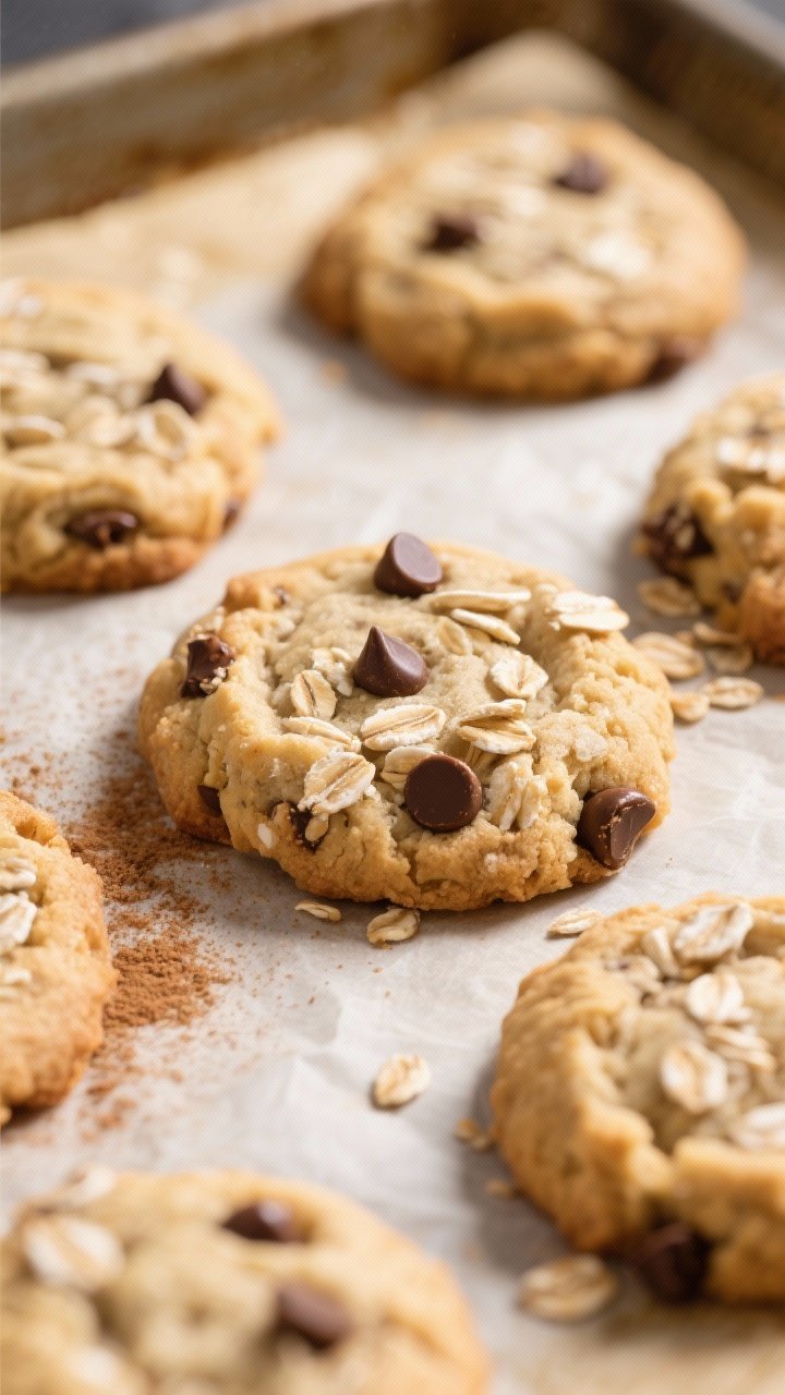 Close-up detail: Freshly baked Oat Butter Banana Cookies just out of the oven on parchment, edges li