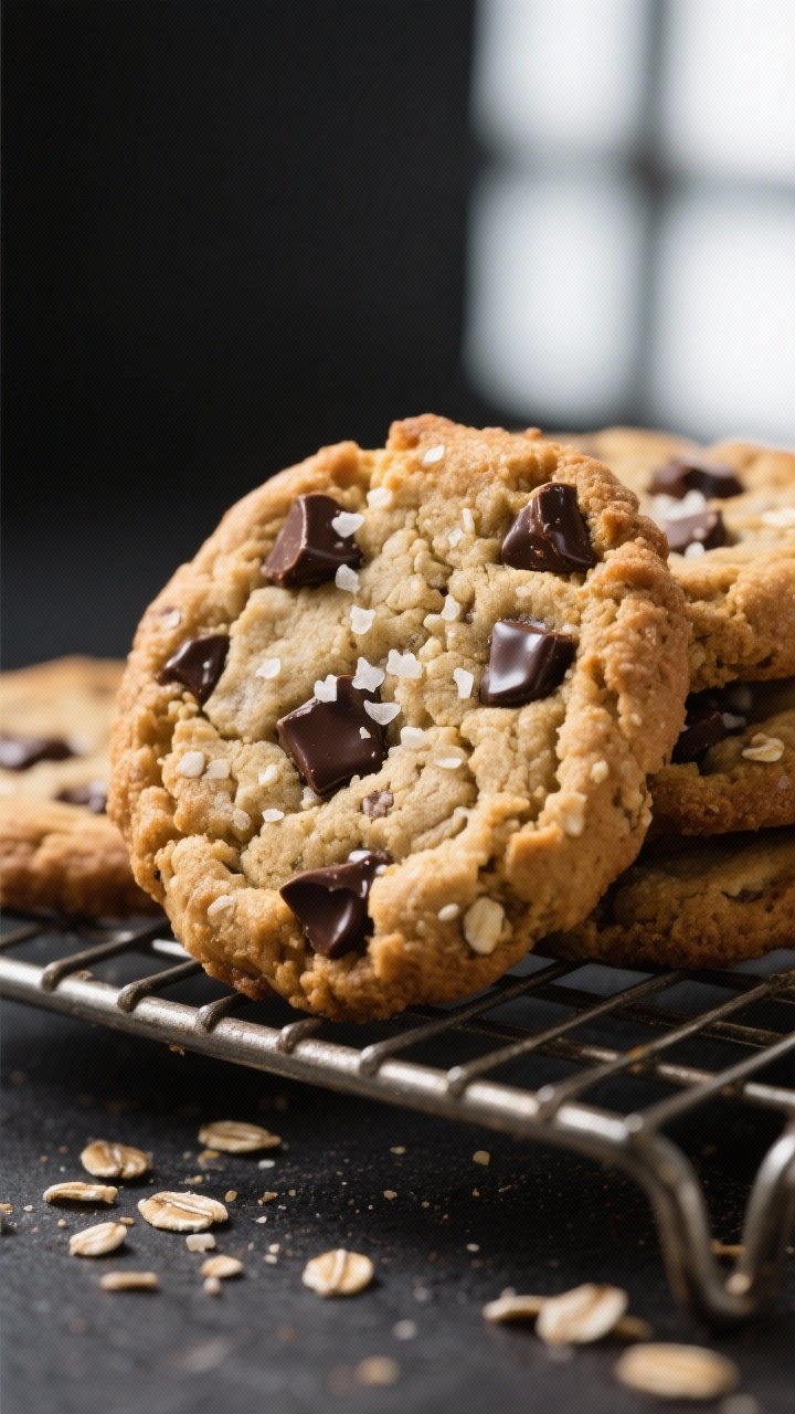 Close-up detail: Freshly baked oat butter chocolate chip cookies cooling on a wire rack, edges light