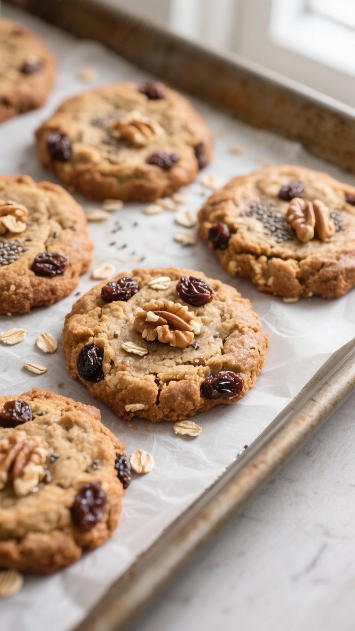 Close-up detail: Freshly baked oatmeal raisin breakfast cookies just out of the oven, set on parchme