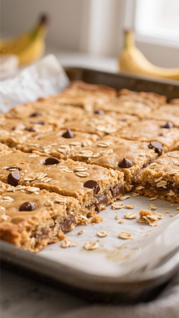 Close-up detail: Freshly baked peanut butter banana oat bars just out of the pan, edges lightly gold