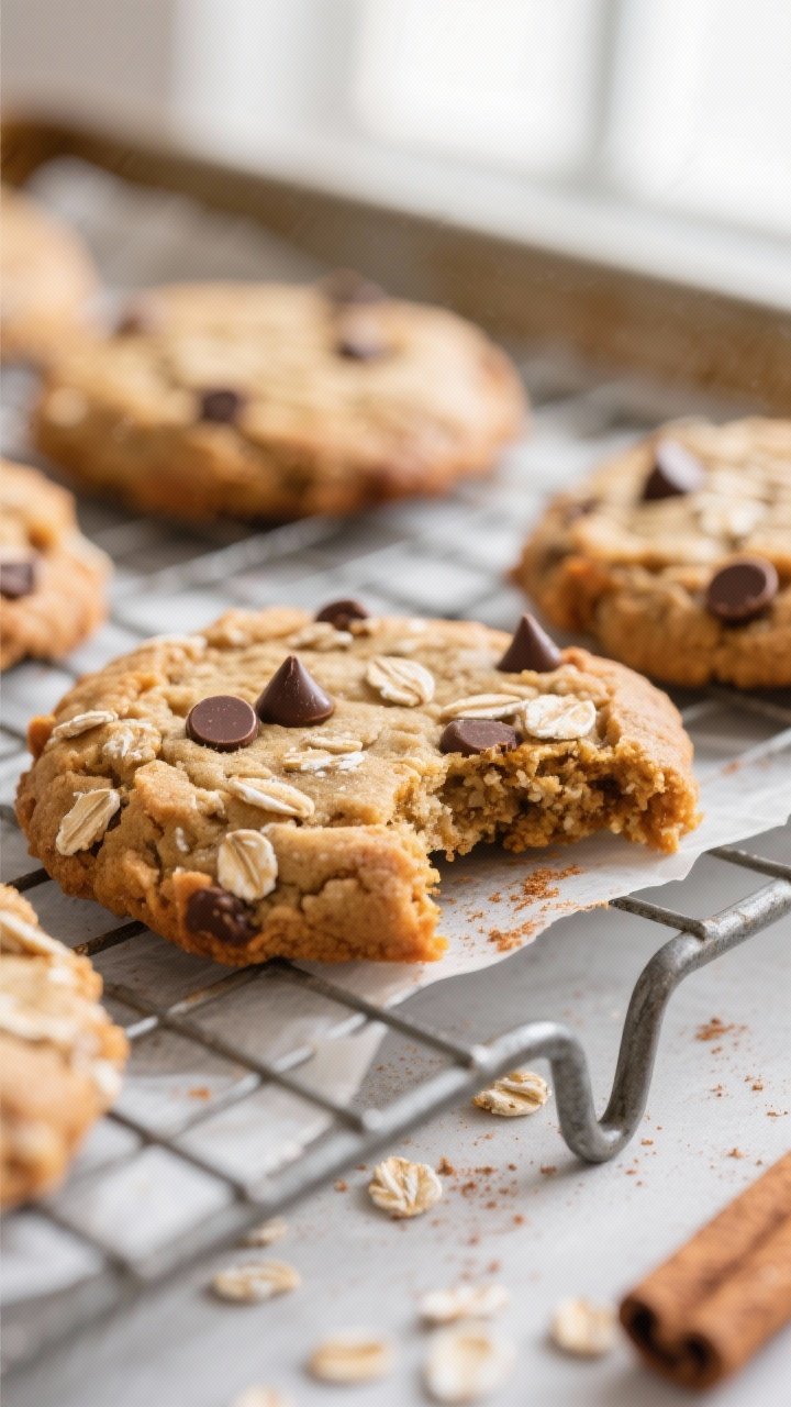 Close-up detail: Freshly baked sweet potato breakfast cookies cooling on a wire rack, edges set and 