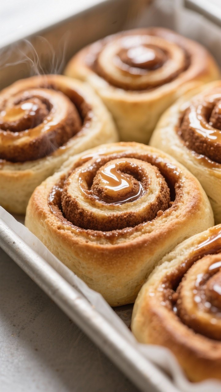 Close-up detail: Freshly baked teff cinnamon rolls just out of the oven, centers set and spirals gli