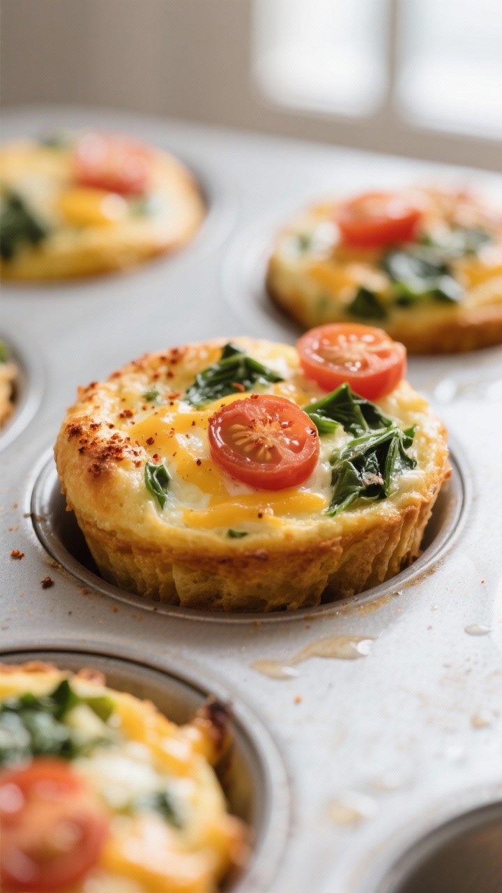 Close-up detail: Freshly baked veggie egg muffins just out of the oven, golden and lightly puffed wi