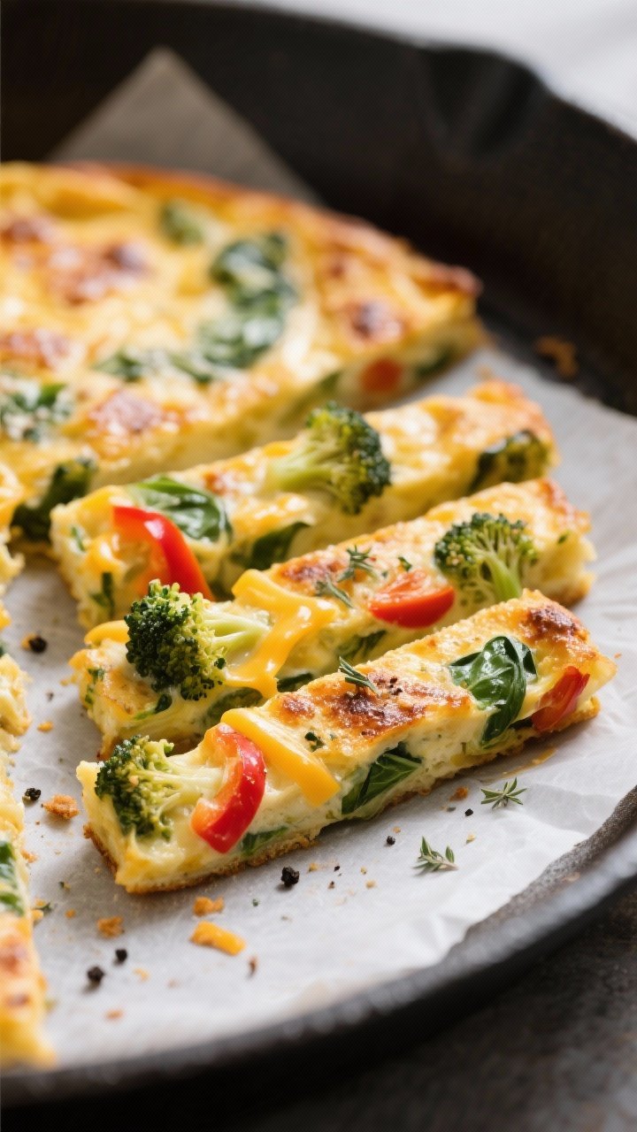 Close-up detail: Freshly baked Veggie-Packed Frittata Fingers just lifted from the pan and sliced in