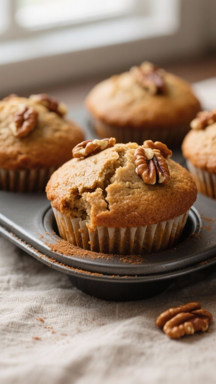 Close-up detail: Freshly baked whole-wheat banana muffins just out of the oven, golden-brown domed t